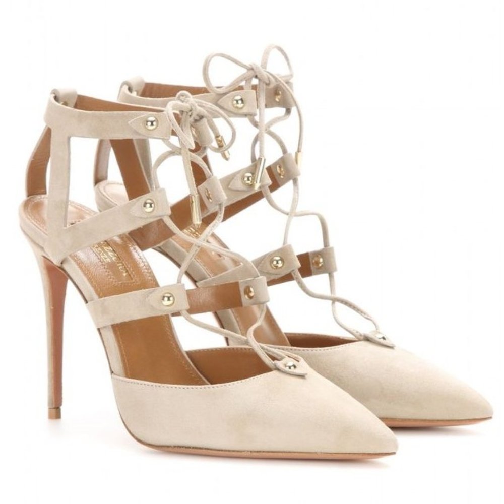 Aquazzura Nude Suede Bel Air 105 Cutout Lace-Up Pumps SIZE 7.5 EU 37.5